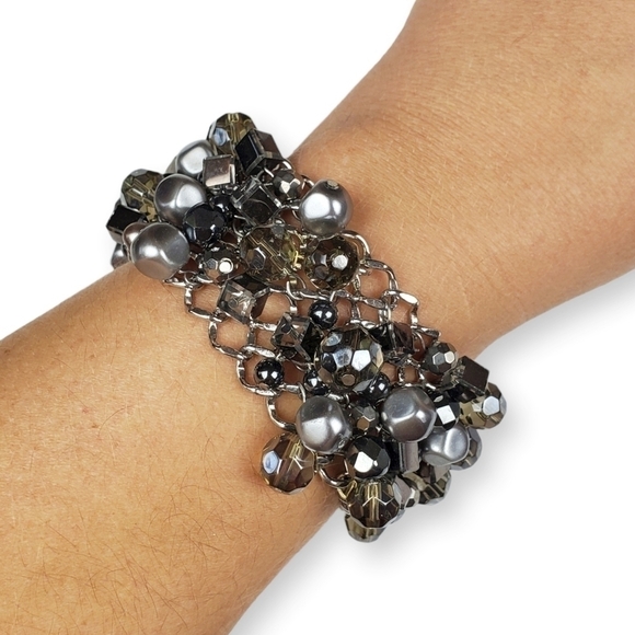 Bead Charm Chain Bracelet Wide Silver Tone Gray Taupe Vintage Premier Designs - Picture 7 of 7